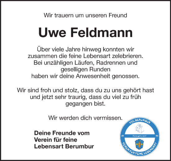 Traueranzeige von Uwe Feldmann von Ostfriesischer Kurier