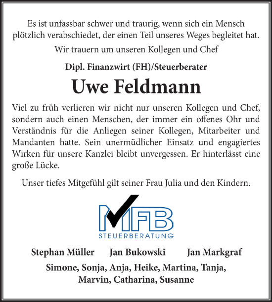 Traueranzeige von Uwe Feldmann von Ostfriesischer Kurier