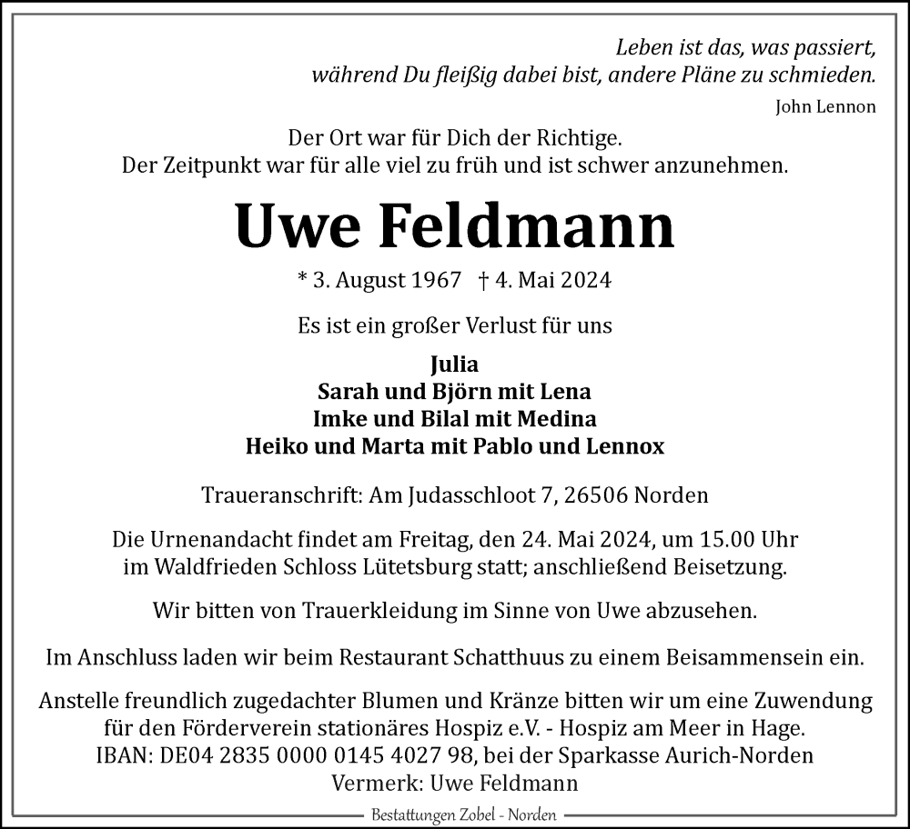  Traueranzeige für Uwe Feldmann vom 08.05.2024 aus Ostfriesischer Kurier