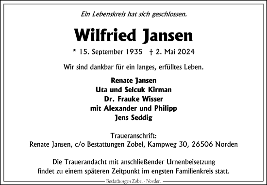 Traueranzeige von Wilfried Jansen von Ostfriesischer Kurier