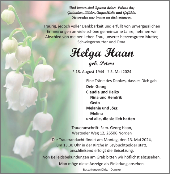 Traueranzeige von Helga Haan von Ostfriesischer Kurier