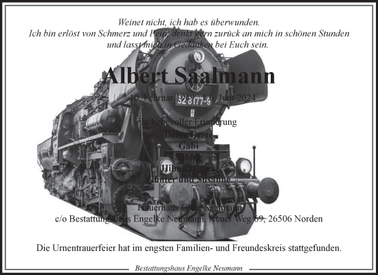 Traueranzeige von Albert Saalmann von Ostfriesischer Kurier