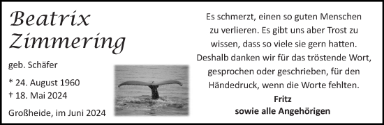 Traueranzeige von Beatrix Zimmering von Ostfriesischer Kurier