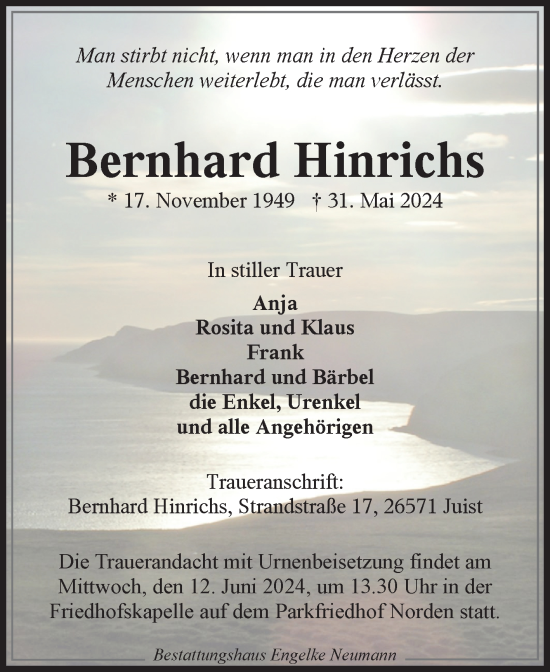 Traueranzeige von Bernhard Hinrichs von Ostfriesischer Kurier