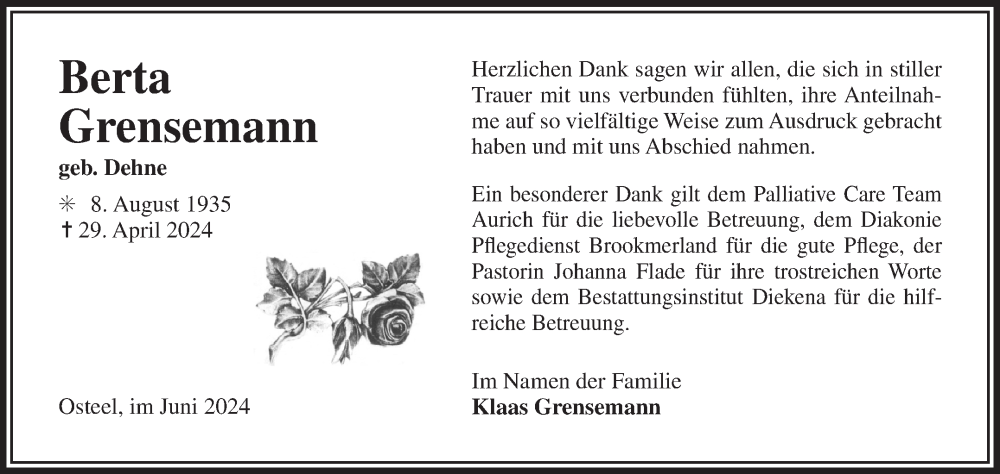  Traueranzeige für Berta Grensemann vom 01.06.2024 aus Ostfriesischer Kurier