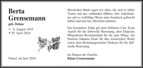 Traueranzeige von Berta Grensemann von Ostfriesischer Kurier