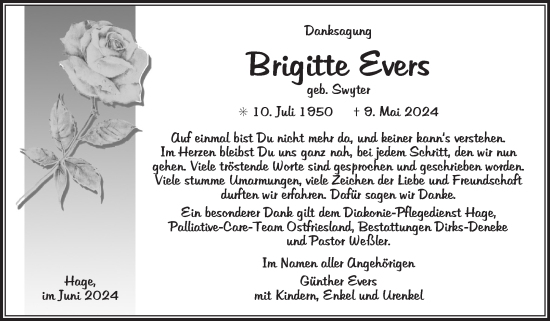 Traueranzeige von Brigitte Evers von Ostfriesischer Kurier