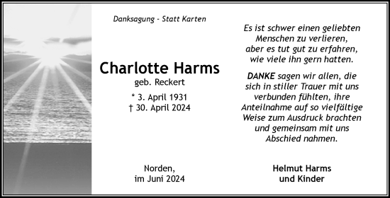 Traueranzeige von Charlotte  Harms von Ostfriesischer Kurier