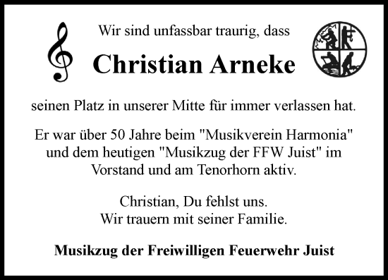 Traueranzeige von Christian Arneke von Ostfriesischer Kurier