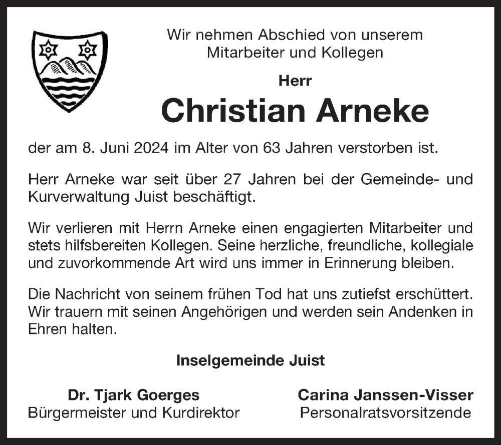  Traueranzeige für Christian Arneke vom 15.06.2024 aus Ostfriesischer Kurier