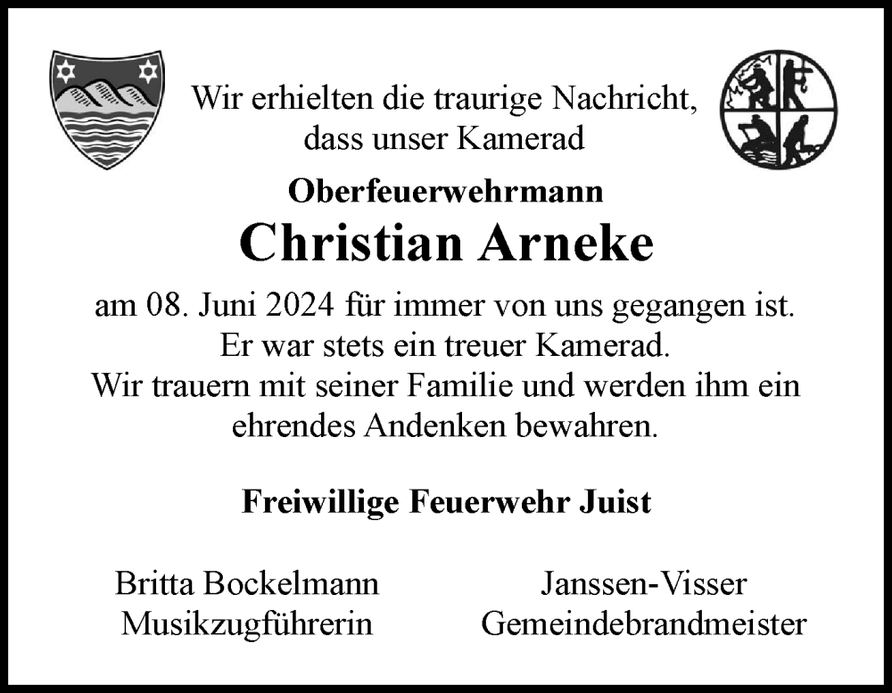  Traueranzeige für Christian Arneke vom 15.06.2024 aus Ostfriesischer Kurier