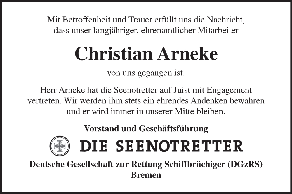  Traueranzeige für Christian Arneke vom 15.06.2023 aus Ostfriesischer Kurier