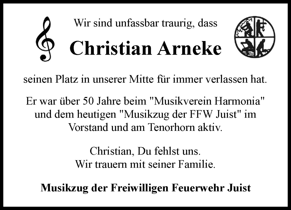  Traueranzeige für Christian Arneke vom 15.06.2024 aus Ostfriesischer Kurier