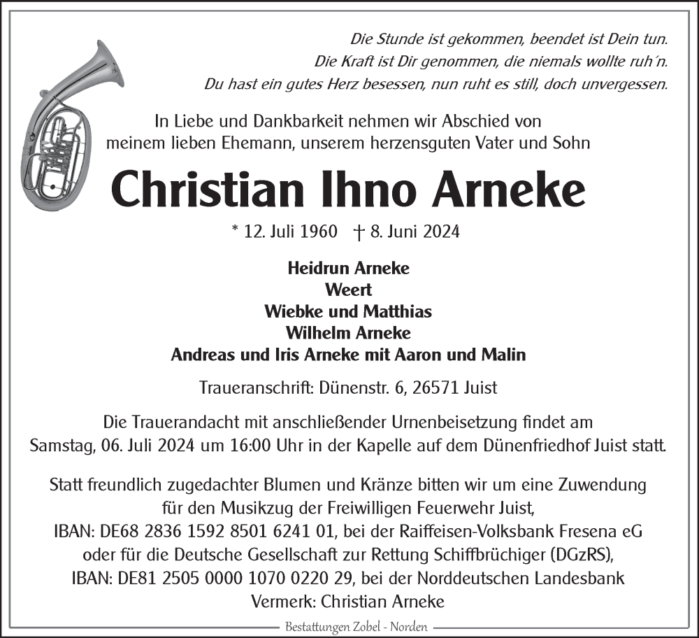  Traueranzeige für Christian Ihno Arneke vom 15.06.2024 aus Ostfriesischer Kurier
