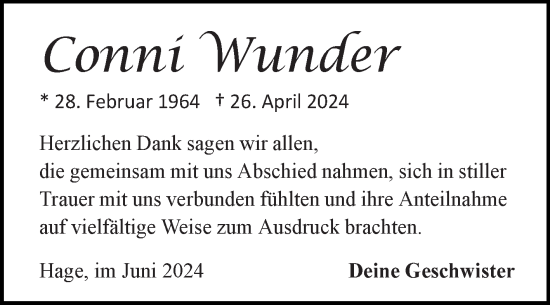 Traueranzeige von Conni Wunder von Ostfriesischer Kurier