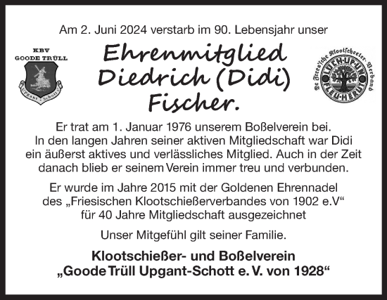 Traueranzeige von Diedrich Fischer von Ostfriesischer Kurier