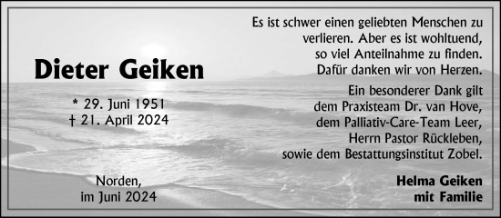 Traueranzeige von Dieter Geiken von Ostfriesischer Kurier