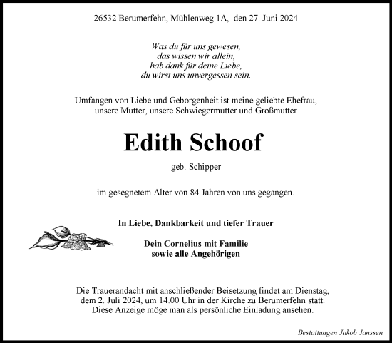 Traueranzeige von Edith Schoof von Ostfriesischer Kurier