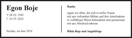 Traueranzeige von Egon Boje von Ostfriesischer Kurier