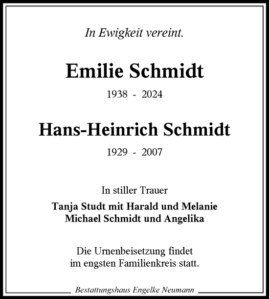 Traueranzeige von Emilie und Hans-Heinrich Schmidt von Ostfriesischer Kurier
