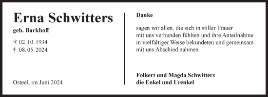 Traueranzeige von Erna Schwitters von Ostfriesischer Kurier
