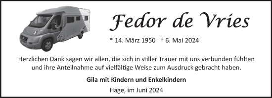 Traueranzeige von Fedor de Vries von Ostfriesischer Kurier