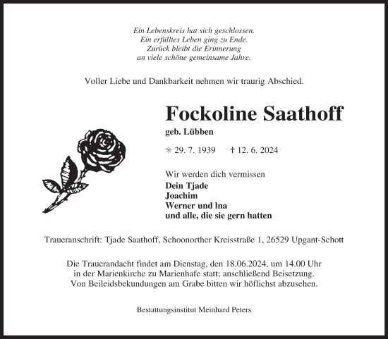 Traueranzeige von Fockoline Saathoff von Ostfriesischer Kurier