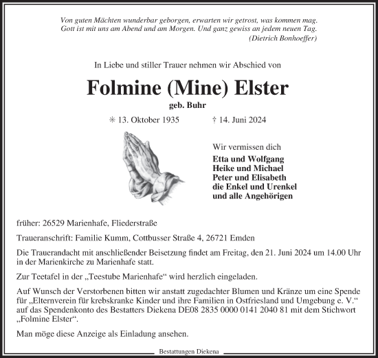 Traueranzeige von Folmine Elster von Ostfriesischer Kurier