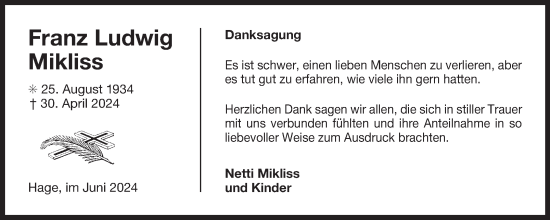 Traueranzeige von Franz Mikliss von Ostfriesischer Kurier