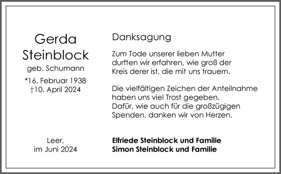 Traueranzeige von Gerda Steinblock von Ostfriesischer Kurier