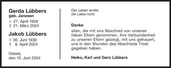 Traueranzeige von Gerda und Jakob Lübbers von Ostfriesischer Kurier