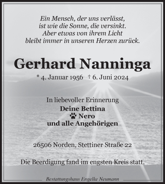Traueranzeige von Gerhard Nanninga von Ostfriesischer Kurier