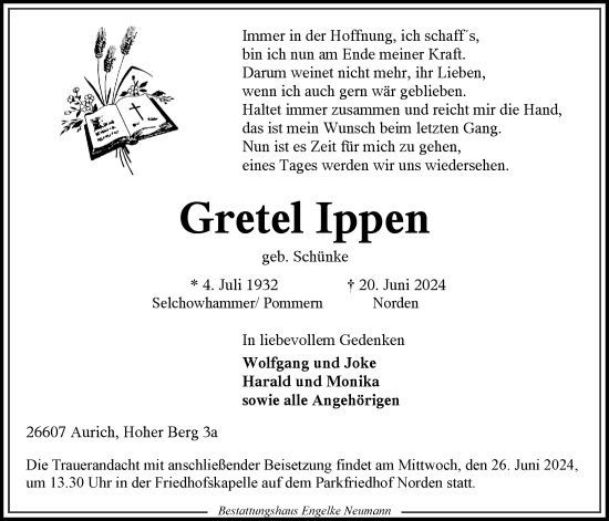 Traueranzeige von Gretel Ippen von Ostfriesischer Kurier