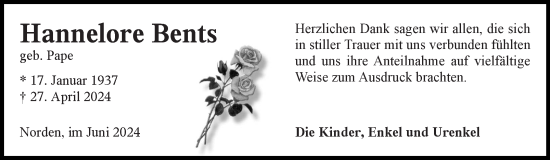 Traueranzeige von Hannelore Bents von Ostfriesischer Kurier