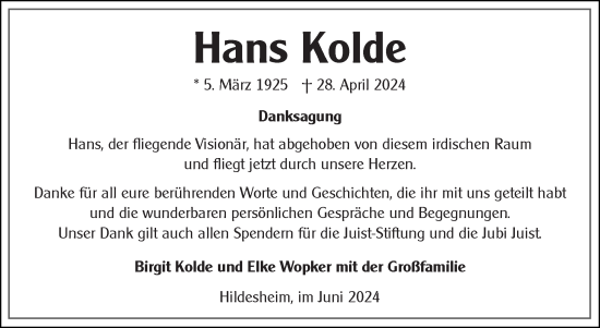 Traueranzeige von Hans Kolde von Ostfriesischer Kurier