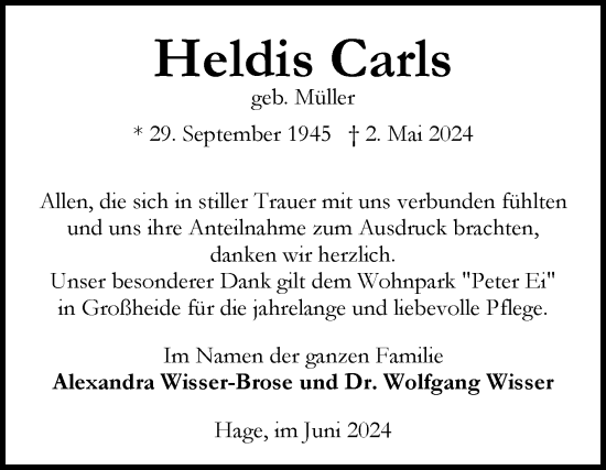 Traueranzeige von Heidis Carls von Ostfriesischer Kurier