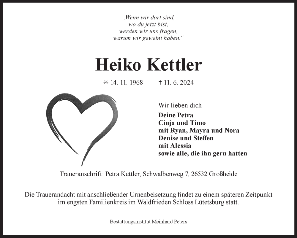  Traueranzeige für Heiko Kettler vom 15.06.2024 aus Ostfriesischer Kurier