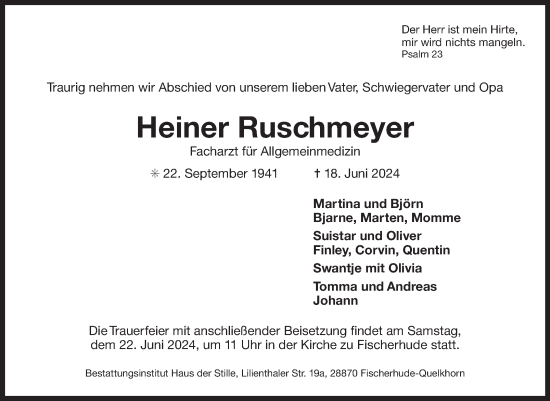 Traueranzeige von Heiner Ruschmeyer von Ostfriesischer Kurier
