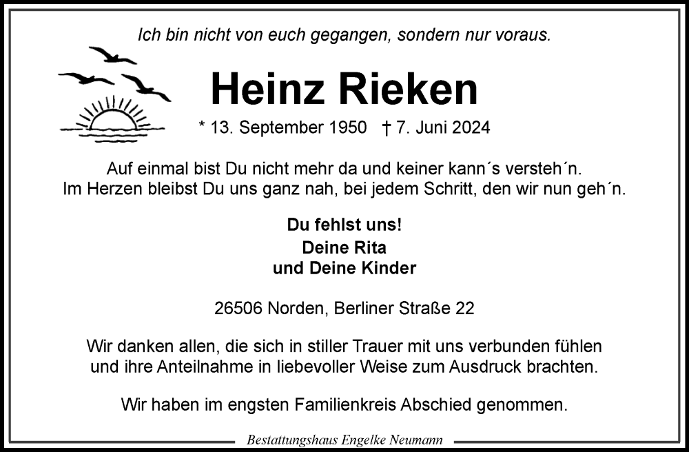  Traueranzeige für Heinz Rieken vom 29.06.2024 aus Ostfriesischer Kurier