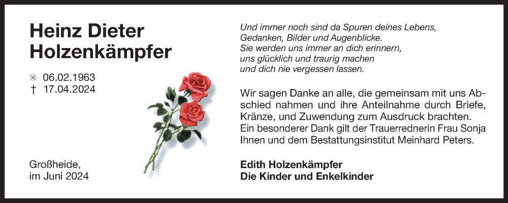  Traueranzeige für Heinz Dieter Holzenkämpfer vom 01.06.2024 aus Ostfriesischer Kurier