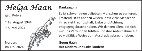Traueranzeige von Helga Haan von Ostfriesischer Kurier