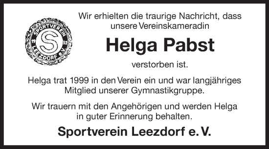Traueranzeige von Helga Pabst von Ostfriesischer Kurier