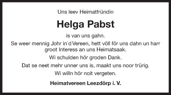 Traueranzeige von Helga Pabst von Ostfriesischer Kurier