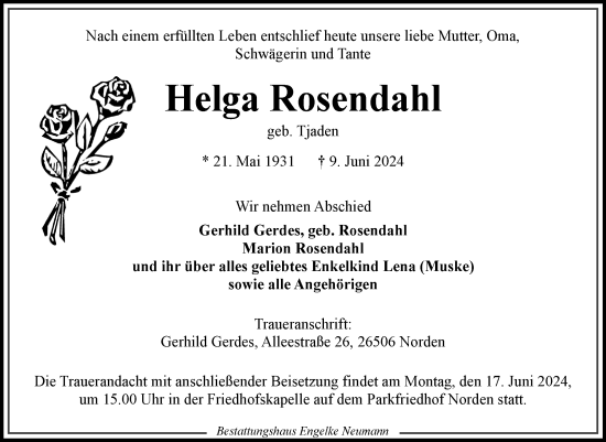 Traueranzeige von Helga Rosendahl von Ostfriesischer Kurier