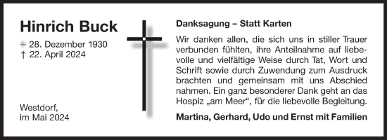 Traueranzeige von Hinrich Buck von Ostfriesischer Kurier