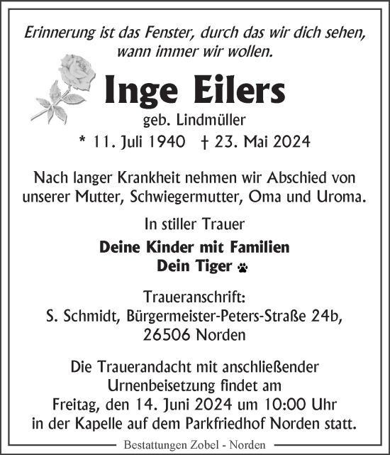 Traueranzeige von Inge Eilers von Ostfriesischer Kurier