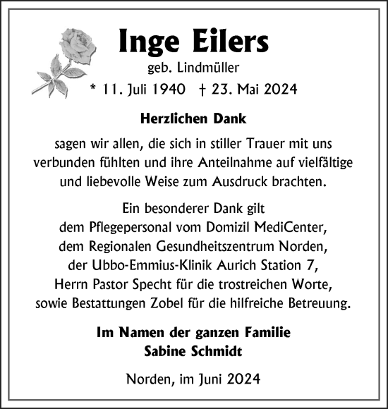 Traueranzeige von Inge Eilers von Ostfriesischer Kurier