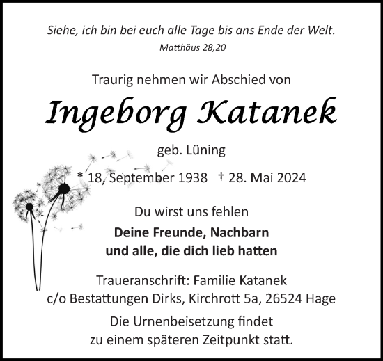 Traueranzeige von Ingeborg Katanek von Ostfriesischer Kurier