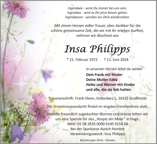 Traueranzeige von Insa Philipps von Ostfriesischer Kurier