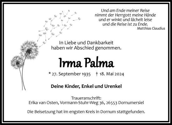 Traueranzeige von Irma Palma von Ostfriesischer Kurier